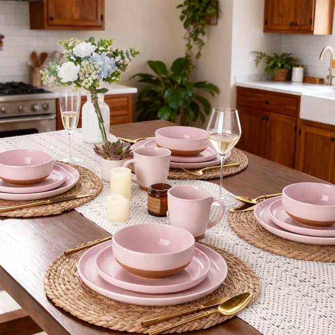 GBHOME 24-Piece Ceramic Dinnerware Set for 6, Handpainted Plates, Pasta Bowls & Bowls Set with Rustic Terracotta Underside, Scratch-Resistant, Dishwasher & Microwave Safe,Speckled Glaze Pink