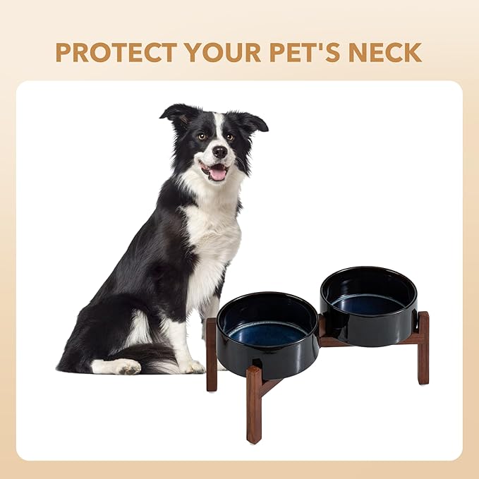 Havniva Ceramic 7.3inch Raised Double Dog Bowls Set with Acacia Wood Stand, Food & Water Bowls for Medium Breed Dogs, Weighted Pet Dishes(41oz, Starry Sky)