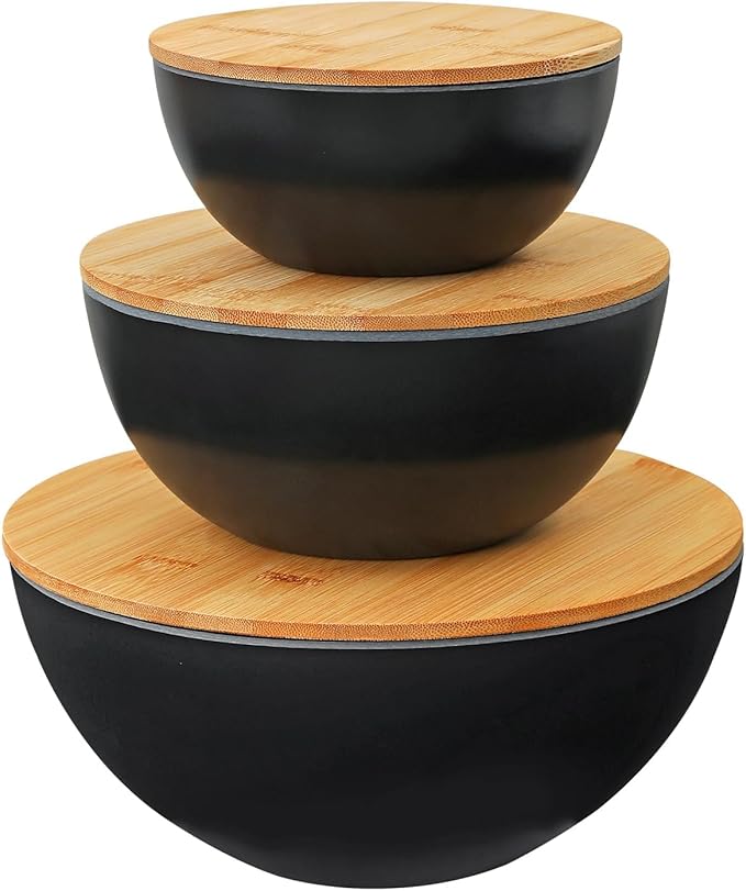 Sustainable Salad Bowls Set with Wooden Lids (3 Bowls + 3 Lids) – Eco-Friendly, Multi-Purpose Mixing and Serving Bowls for Kitchen, Food Prep, and Storage
