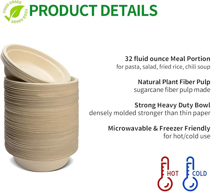 bloomoon 100 Pack 32 oz Large Round Paper Bowls for Salad, Pasta, Burrito, Lunch and Snack, Heavy Duty 32 oz Disposable Bowls for Party and Catering