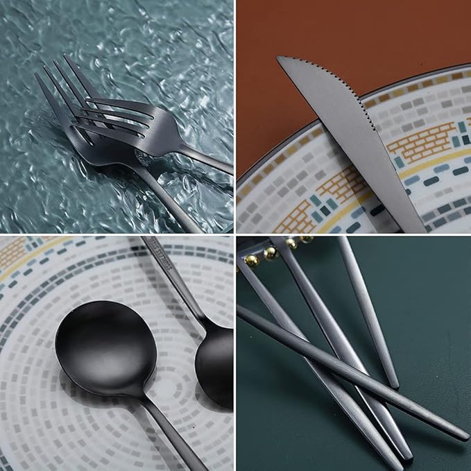 Stainless Steel Flatware Set, Titanium Plated, 20-Piece Matte Black Service Set for 4