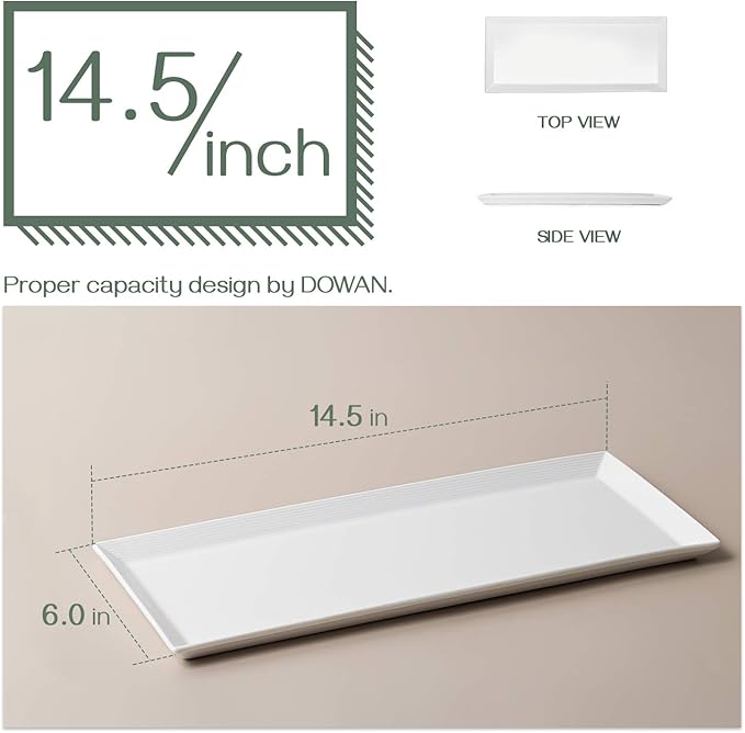 DOWAN 14.5" Rectangular Plates Set of 4 - Long Serving Trays for Sushi, Pasta, Chips, Appetizer, Cake - White Ceramic Rectangle Platter for Party, Restaurant, Banquet - Dishwasher & Oven Safe