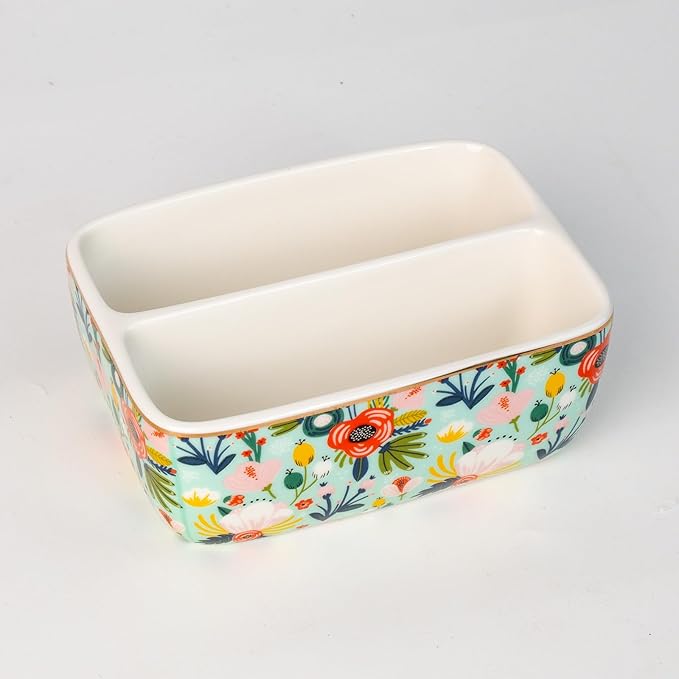 2 Compartments Ceramic Sponge Holder for Kitchen Sink, Cute Floral Countertop Dish Sponges Holder Soap Sink Organizer Farmhouse Caddy (Mint Green)