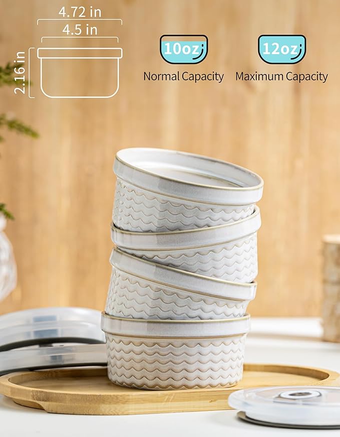 12 oz Ramekins with Lids Airtight Ceramic Storage Containers with Lids for Meal Prep/Moving/Freezer/Oven, Creme Brulee Ramekin Sets with Covers for Leftovers, Baking, Cooking, Beige Ripple