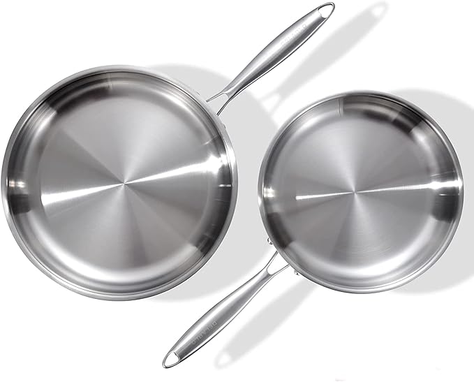 DELARLO Tri-Ply Stainless Steel Pan, 18/10 Frying Pan, Oven Safe Up to 600°F, Nontoxic Cookware, Compatible with All Cooktops Skillet, Durable, Fast Even Heat Fry Pan,9+11 inch Pan