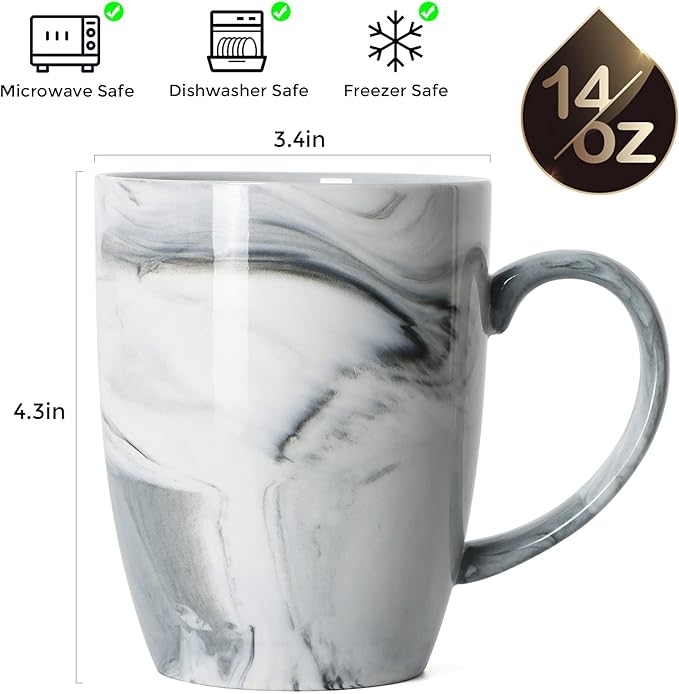 Smilatte 14 OZ Marble Coffee Mugs, M067 Novelty Marble Ceramic Cup for Home and Office, Microwave Dishwasher Safe, Set of 4, Gray