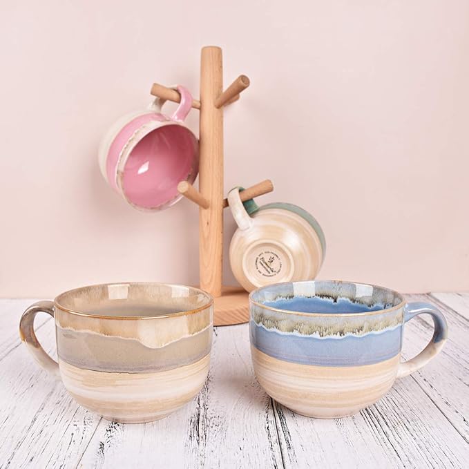 Bosmarlin Large Ceramic Coffee Mug Set of 2, Stoneware Jumbo Latte Mugs for Office and Home, 16 Oz, Dishwasher and Microwave Safe(Blue, 2)