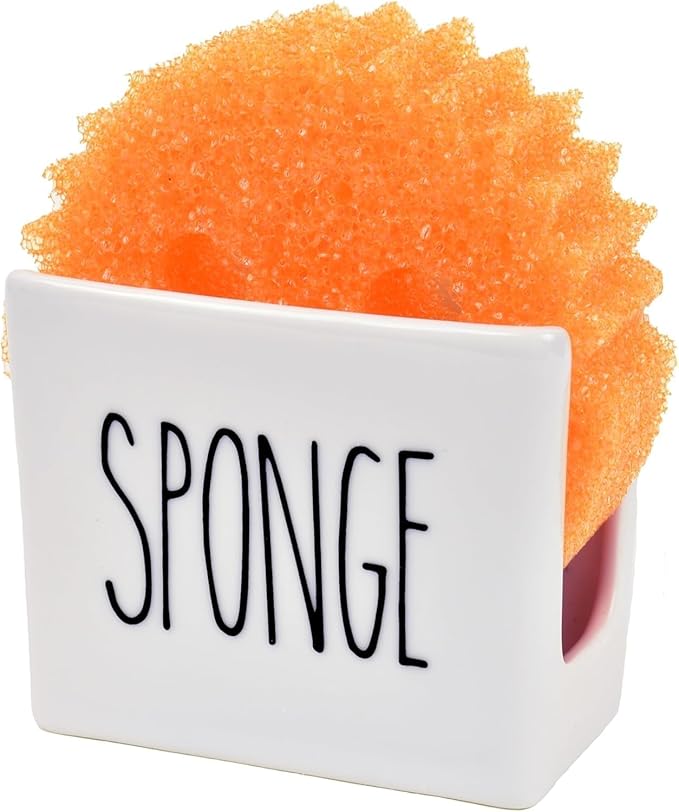 Heartland Home Porcelain Sponge Holder for Kitchen Sink. Compact Sink Caddy Organizer - Scrub Daddy Compatible Dish Sponge Holder. Ceramic Black and White Kitchen Decor and Cute Kitchen Accessories