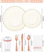 YOUBET 175PCS Ivory Scalloped Plastic Plates - Rose Gold Disposable Dinnerware Set Include 50 Plates, 75 Rose Gold Silverware, 25 Cups, 25 Napkins for Party & Wedding & Baby Shower