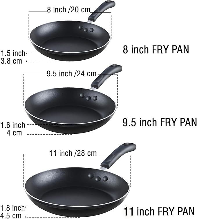 Cook N Home Basics Nonstick Frying Pan Set, 8/9.5/11-Inch 3-Piece Non Stick Saute Fry Pan Skillet Set, Black