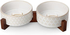 MALACASA Dog Bowl Set with Walnut Wood Stand, 3.5 Cups Ceramic Pet Bowls for Puppy Dogs, Dual Food and Water Bowls with Non-Slip Base, Basic Bowls for Your Dog or Cat, Five-Leaf Grass & Honeycomb