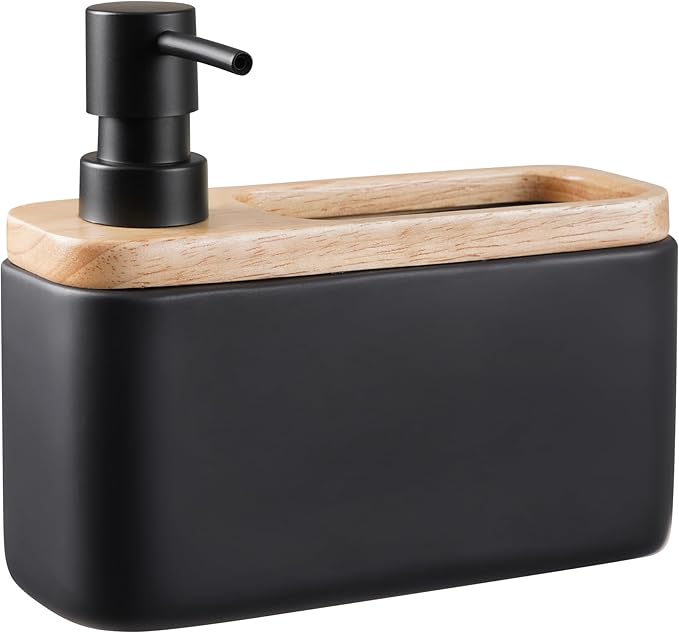 RQYIXI Black Soap Dispenser with Sponge Holder Ceramic Hand and Dish Soap Dispenser 17oz for Kitchen Bathroom