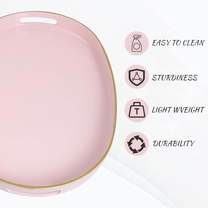 MAONAME Pink Decorative Tray, Oval Serving Tray with Handles, Plastic Trays for Coffee Table, Ottoman Trays for Living Room, Bathroom, 15.6" X 10.6" X 1.4"