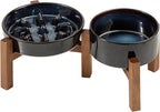 Havniva Ceramic 1.2 Cup Raised Slow Feeder Dog Bowl Set, Elevated 6.1inch Bowl and 7.3inch Slow Feeder Dish with Acacia Wood Stand for Small and Medium Dogs (2 x Starry Sky+ Stand)