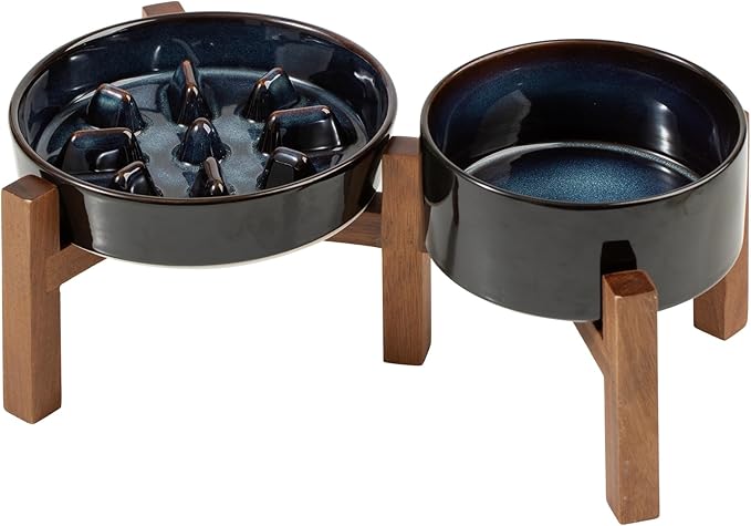 Havniva Ceramic 1.2 Cup Raised Slow Feeder Dog Bowl Set, Elevated 6.1inch Bowl and 7.3inch Slow Feeder Dish with Acacia Wood Stand for Small and Medium Dogs (2 x Starry Sky+ Stand)