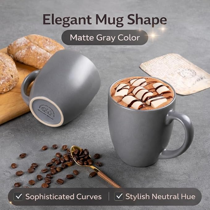 GBhome 12oz Coffee Mugs Set of 6, Large Ceramic Coffee Mugs for Man, Woman, Dad, Mom, Modern Coffee Mugs Set with handle for Tea/Latte/Cappuccino/Milk/Cocoa. Dishwasher&Microwave Safe,Matte Grey