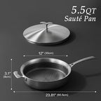12 Inch Frying Pan Non Stick with Lid, Tri-ply Stainless Steel Saute Pan 5.2QT with Stainless Steel Lid, Fast and Even Heating Stay Cool Handles Induction Dishwasher & Oven Safe PFOA Free Cookware