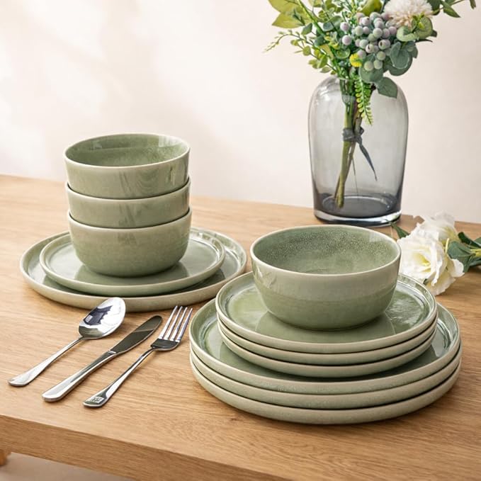 AmorArc Stoneware Dinnerware Sets,Round Reactive Glaze Ceramic Plates and Bowls Sets,Highly Scrath Resistant | Dishwasher & Microwave Safe,Service for 8 Dishes Set (24pc)
