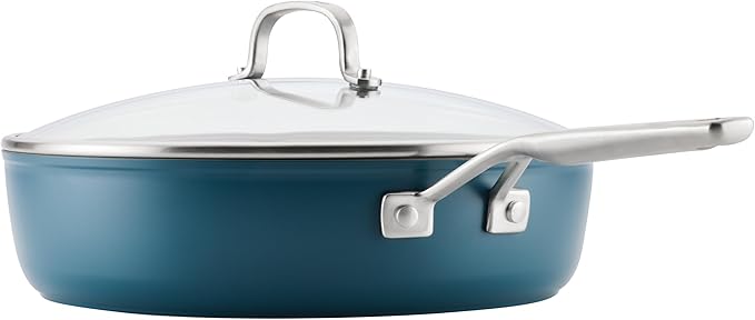 KitchenAid Hard Anodized Ceramic Induction Nonstick Cookware Saute Pan/Jumbo Cooker with Lid and Helper Handle, Dishwasher Safe, 5 Quart Non Stick Sauteuse with Stainless Steel Handles - Agave Blue