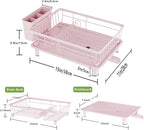 Dish Drainer Rack with Drip Tray, Sink Dish Drainer with Drainage Spout, Stainless Steel Dish Drying Rack with Cups, Utensil & Cutting Board Holders for Kitchen Counter Space-Saving, Pink