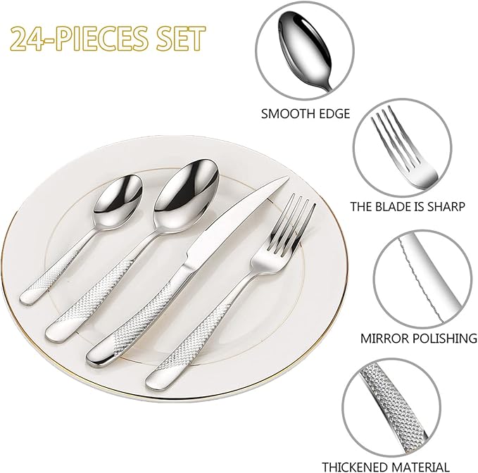 Gold Silverware Set, Caliamary 24 Pieces Flatware Set with Silverware Holder, Stainless Steel Knives and Forks and Spoons Cutlery Set Service for 6, Kitchen Utensil Tableware Set with Antiskid Handle