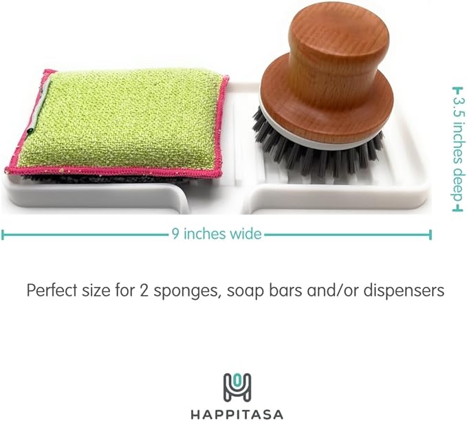 Happitasa Silicone Soap Dish Tray and Sponge Holder with Drain Chute | Bathroom and Kitchen Sink Organizer Caddy (Grey, 9"x3.5", 5.6 Ounces)