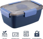 Caperci Large Salad Container Bowl for Lunch - Better Adult Bento Lunch Box 68 oz, 5-Compartment Tray, 2pcs 3-oz Sauce Cups, Stackable, BPA-Free (Navy)