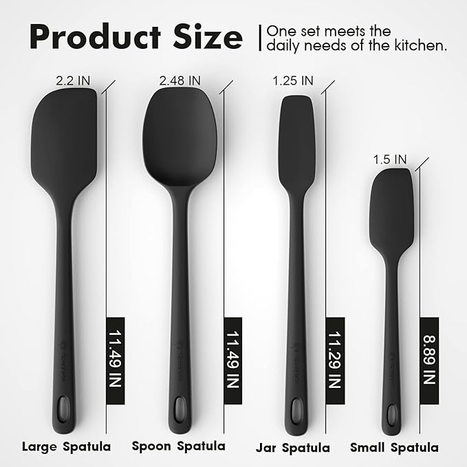 4 Pieces Silicone Spatula Set, Food Grade Rubber Spatula, Upgrade Strong Handle with Ergonomic Grip, Heat Resistant Up to 600°F for Nonstick Cookware, Cooking Baking Mixing, Black (SP4)