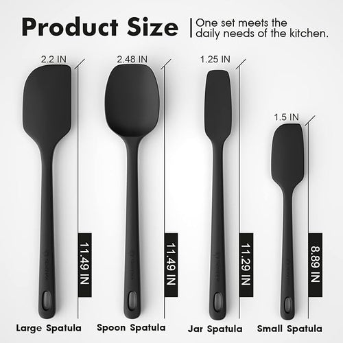 4 Pieces Silicone Spatula Set, Food Grade Rubber Spatula, Upgrade Strong Handle with Ergonomic Grip, Heat Resistant Up to 600°F for Nonstick Cookware, Cooking Baking Mixing, Black (SP4)