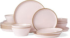 Famiware Saturn Plates and Bowls Dish Sets for 6 (18 Pieces), Stoneware Dinnerware Set with Hand-Painted Trim - Chip & Scratch Resistant, Microwave & Dishwasher Safe Ceramic Dishes, Light Pink