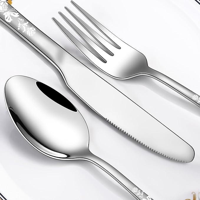 Skull Pattern Silverware Set for 8,OIULO 40-Piece Pirate Pirate Rose Flatware set,Skeleton Flower Bat Butterfly Unique Design,Mirror Polished Gothic tableware Knive Fork Spoon Halloween Party Gift
