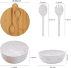 ECOWAY Melamine Salad Bowl, Bamboo Fiber Salad Bowl Large with 4 Small Serving Bowls and Bamboo Lid Cutting Board with Handle and Silicone Seal Ring Perfect for Storage Salad Foods(Spots,9.8 Inches)