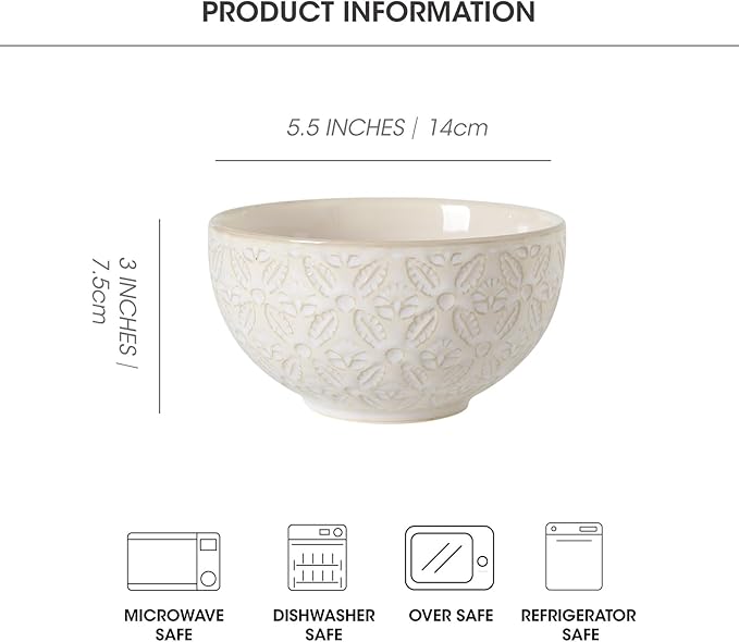 26 Oz Cereal Bowls Set of 4, 6 inch Ceramic Soup Bowl for Kitchen, Porcelain Embossed Serving Bowls for Salad, Pho, Breakfast, Ramen, Rice, Dishwasher Microwave Safe, Housewarming Gift