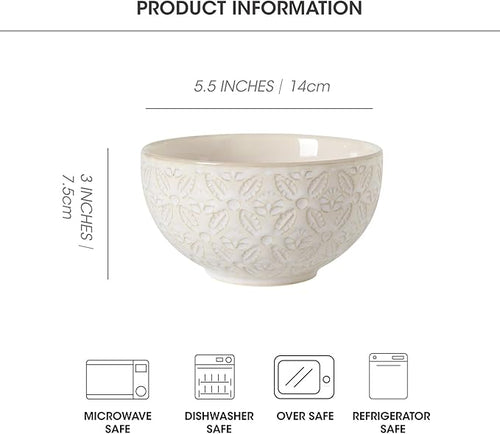 26 Oz Cereal Bowls Set of 4, 6 inch Ceramic Soup Bowl for Kitchen, Porcelain Embossed Serving Bowls for Salad, Pho, Breakfast, Ramen, Rice, Dishwasher Microwave Safe, Housewarming Gift