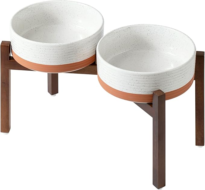 Havniva Ceramic 8.2inch Raised Double Dog Bowls Set with Acacia Wood Stand, Food & Water Bowls for Large Breed Dogs, Weighted Pet Dishes(60oz, Vanilla White)