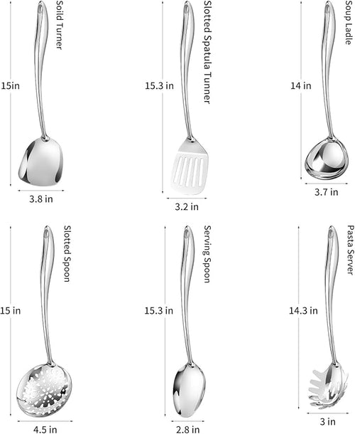 304 Stainless Steel Cooking Utensils Set,6 Pcs Long Metal Kitchen Utensils Set with Spatula, Solid Spoon, Ladle, Skimmer, Spaghetti Spoon,Dishwasher Safe