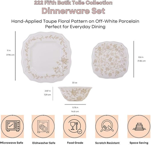 222 Fifth 12-Piece Porcelain Dinnerware Set for 4, Glossy Cream Plates and Bowls Set with Taupe Flowers, Elegant Square Ceramic Dish Set, Kitchen Tableware, Microwave & Dishwasher Safe, Batik Toile