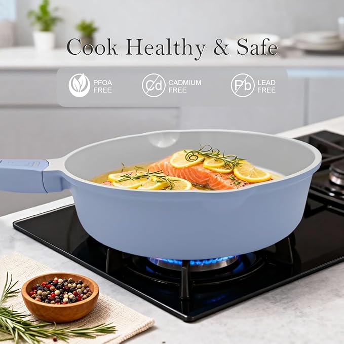 10 Inch Saute Pan with Lid, Ceramic Deep Frying Pans Nonstick, 4 Qt Non Stick Skillet with Lid, Compatible with All Stovetops, Detachable Handle, Oven Safe, PFOA Free, Blue