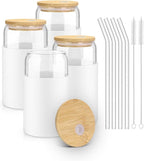 sungwoo Glass Cups with Lids and Straws, 4 Pack 16OZ Iced Coffee Cups with Silicone Sleeve, Glass Tumbler with Straw and Bamboo Lid, Home Essential Drinking Set for Juice, Cocktail and Latte White