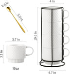 Gomakren Stackable Coffee Mugs Set with Stand, Coffe Cup with Tea Spoon 13 Ounce White Cups for Cappuccino Coffee Drinks Tea, Set of 4, Gift for Man Women 380ml
