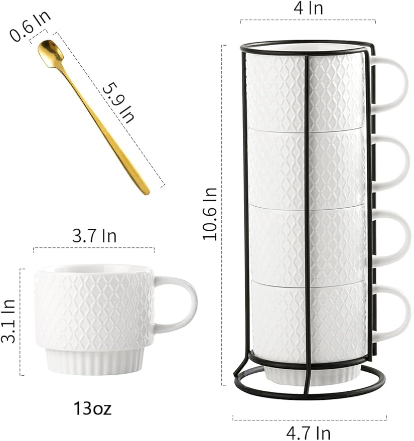 Gomakren Stackable Coffee Mugs Set with Stand, Coffe Cup with Tea Spoon 13 Ounce White Cups for Cappuccino Coffee Drinks Tea, Set of 4, Gift for Man Women 380ml