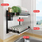 junyuan Kitchen Dish Rack,Hanging Dish Drying Rack Organizer Storage Shelf Over Sink,2 Tier Wall Mount Bowl Holder with Drain Tray and Silverware Stainless Steel Black Coating Ajustable Height
