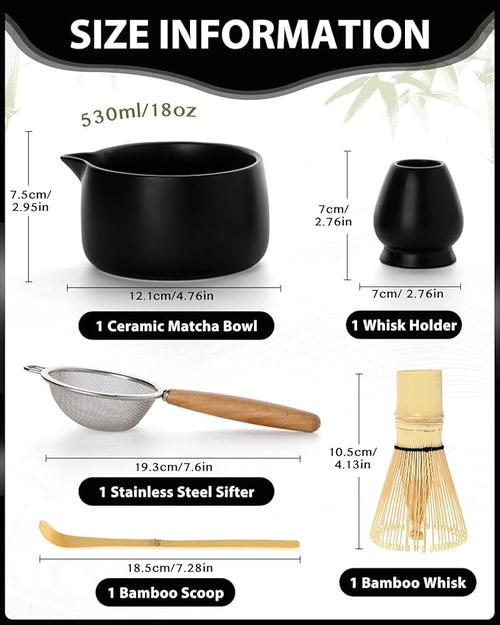 20OZ Matcha Whisk Set - 5PCS Matcha Set Includes Macha Bowl with Spout, Bamboo Whisk with Ceramic Holder, Bamboo Scoop and Sifter, Matcha Kit for Ceremony, Gift for Matcha Lovers (Matte Black)