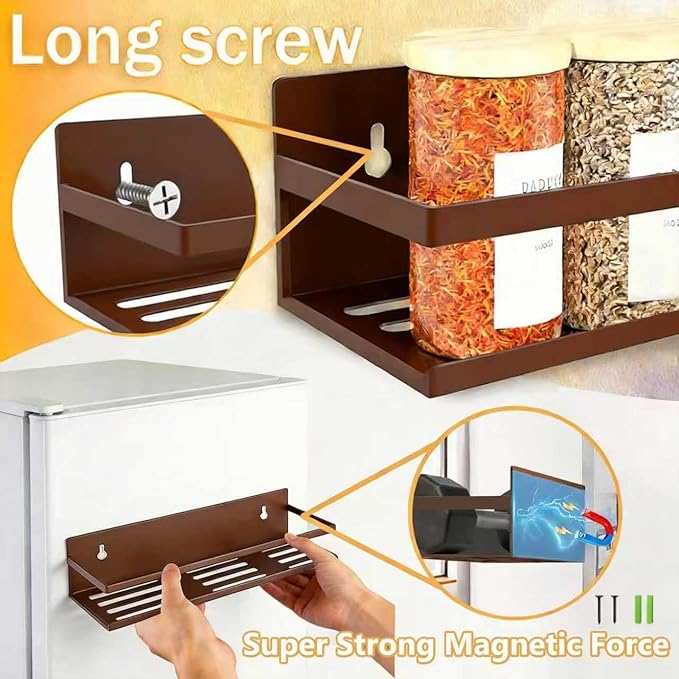 Magnetic Spice Rack for Refrigerator Seasoning Organizer for Spice Fridge Shelf storage Magnetic Shelf with Hook for Oven(6pack) (4Pack-Cut out-bronze)