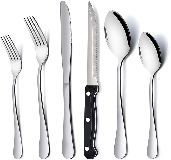 HaWare 25-Piece Silverware Set with Flatware Drawer Organizer, Stainless Steel Cutlery with 4 Steak Knives, Eating Utensils Service for 4, Mirror Polished, Dishwasher Safe - Silver