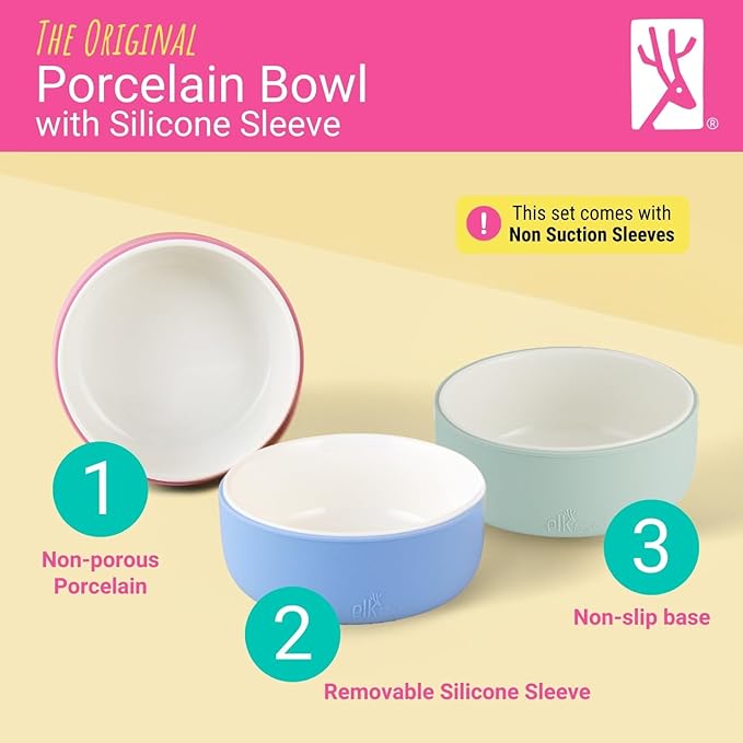 Elk and Friends Kids Porcelain Bowls with Silicone Sleeves | Suitable for Babies/Toddlers | Microwave & Dishwasher Safe | Non Slip Dinnerware | Snack Dishes | 4 Pack