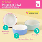 Elk and Friends Kids Porcelain Bowls with Silicone Sleeves | Suitable for Babies/Toddlers | Microwave & Dishwasher Safe | Non Slip Dinnerware | Snack Dishes | 4 Pack