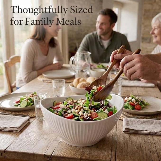 60oz Large Ceramic Salad Bowl with Acacia Wood Utensils, 10" Oval White Serving Bowl for Soup, Pasta, Fruit, Snacks – Mixing Bowls for Entertaining, Party, Kitchen, Dinner – Housewarming Gift