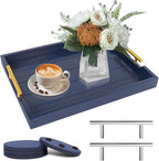 SXNOWS Coffee Table Tray - Large Ottoman Tray for Living Room - Wood Serving Tray with 2 Sets of Handles - Wooden Trays for Coffee Tables, 4 Round Coasters Included, Deep Blue