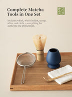 6-pcs Japanese Matcha Whisk Set, Handmade Ceramic Matcha Set with Bowl(Chawan),Bamboo Whisk(Chasen) and Holder, Scoop, Sifter & Tea Towel,Matcha Kit for Ceremony (Cobalt Blue)